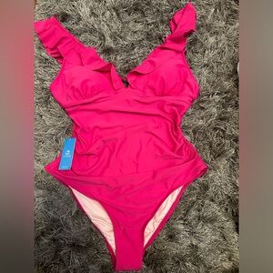 CUPSHE Women's Ruffled One Piece Swimsuit V Neck Lace Up